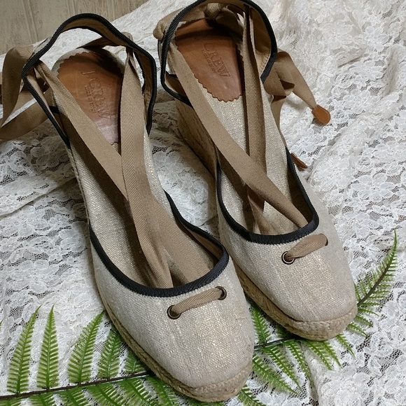J. Crew Shoes - J. Crew Gold & Linen Espadrille High Wedge, EUC